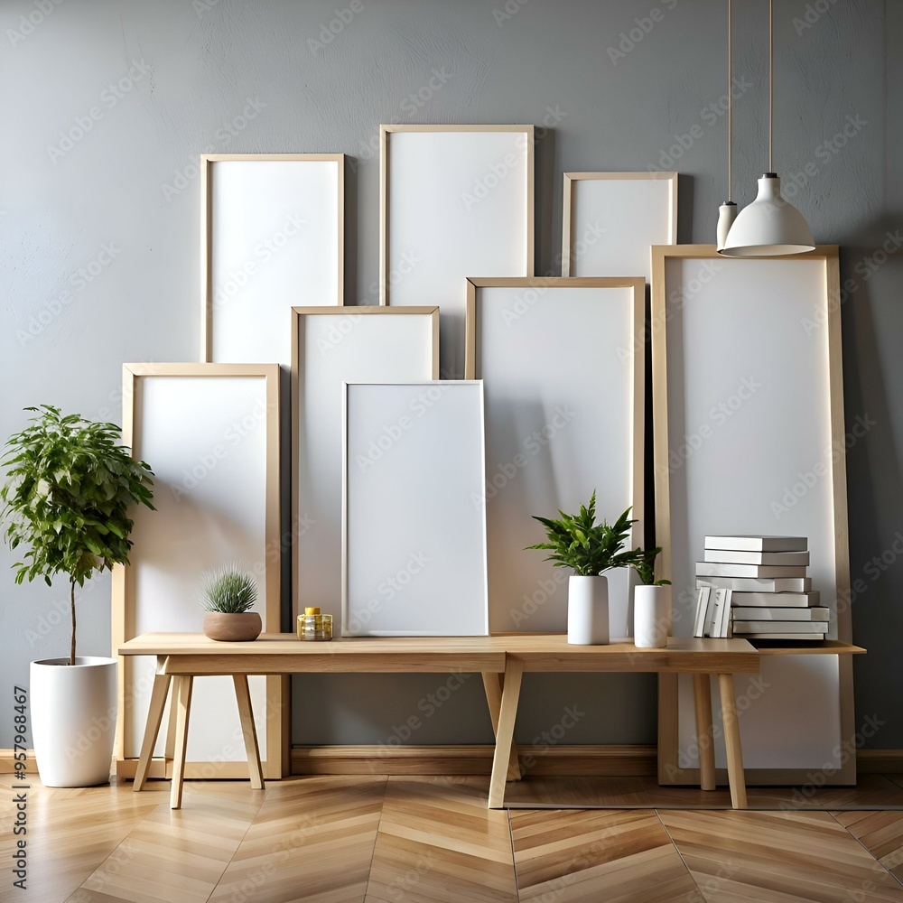 Poster a minimalist interior design mock up featuring a wooden bench and multiple empty frames against a gr