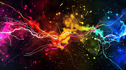 A colorful splash of paint on a wall. The colors are bright and vibrant, creating a lively and energetic atmosphere. The splatter of paint seems to be in motion, as if it's dancing or flowing