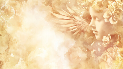  Serene angel figure with soft golden tones, peaceful funeral background with copy space