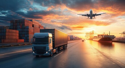 A cargo truck with containers is driving along the road in front of an airplane flying over the shipyard and port, where large cranes keep stacked shipping boxes on pallets.