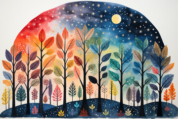 Obraz premium Nordic kid's hand drawn forest trees. Creative children texture for kids textiles, fabrics, decor, wallpapers.