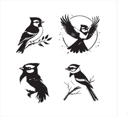 bird, vector, branch, animal, illustration, nature, tree, birds, silhouette, design, art, winter, cute, wildlife, cartoon, crow, beak, black, flower, spring, bullfinch, drawing, leaf, wing, wild