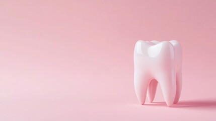 A single, white, 3D tooth on a pastel pink background.