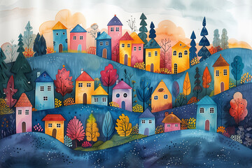 Nordic kid's hand drawn holiday card with small village. Creative children texture for kids textiles, fabrics, decor, wallpapers.