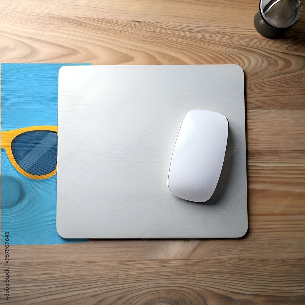 Poster A minimalist office setup featuring a sleek. silver mousepad with a white wireless mouse resting on it.