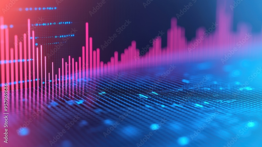 Poster futuristic financial forecast data points floating in the sky with copy space, selective focus,