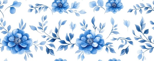 Blue boho medallions in an intricate ornamental pattern, rendered in watercolor style, create a seamless design on a white background.