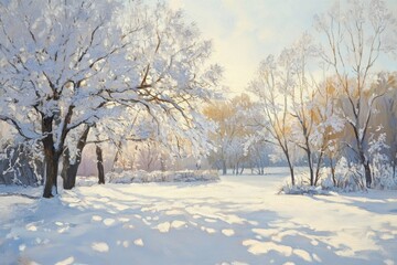 Obraz premium Oil painting of icy white branches and trees in a serene winter park showcasing frost and sunlight in a chilly landscape