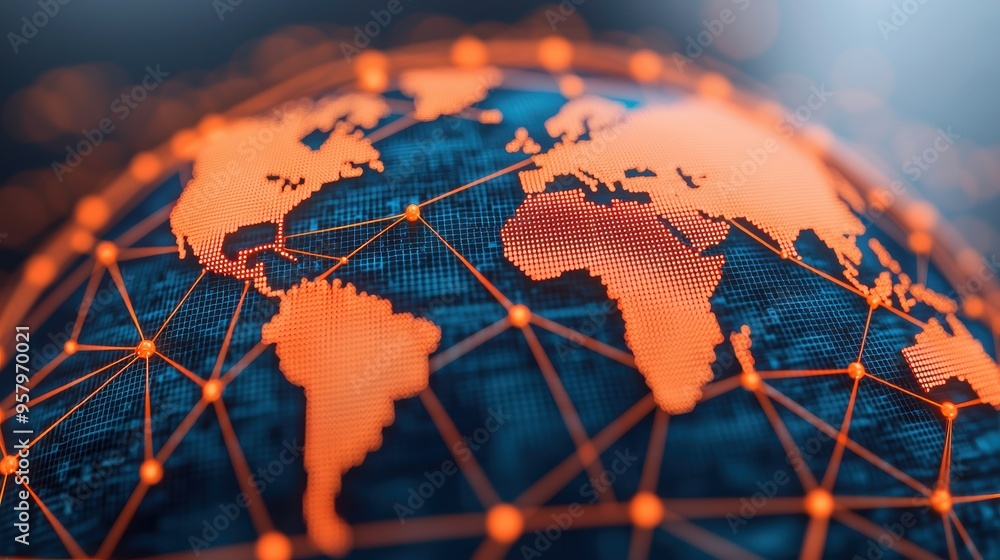 Poster global business abstract connections - illustrated network across continents with copy space and sel