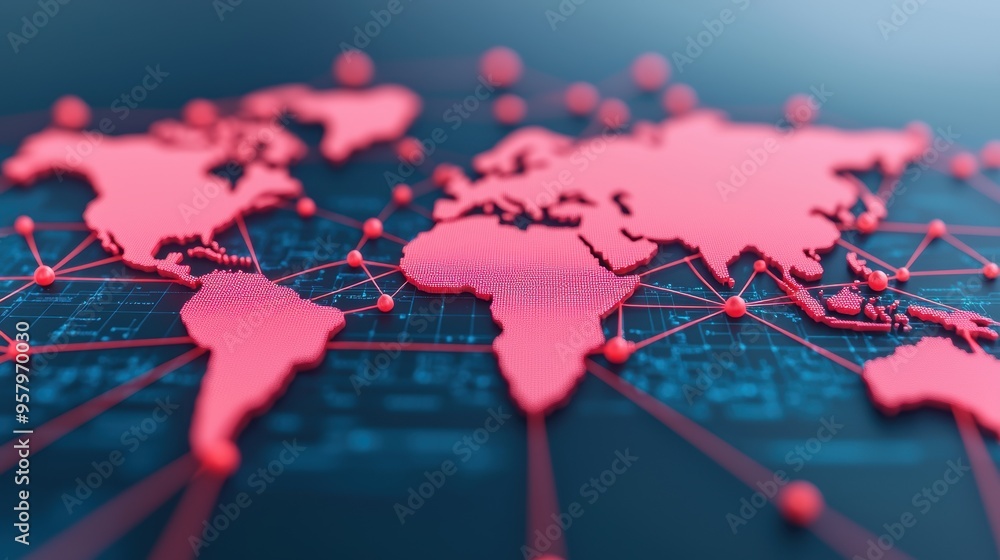Poster global business networks: abstract intercontinental connections in with copy space, selective focus.