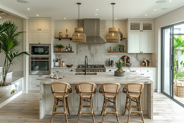A clean and tidy kitchen with illuminating white walls and green plants.