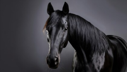 Close up view of a black horse with mane hair showing. isolated on black background with copy space.
