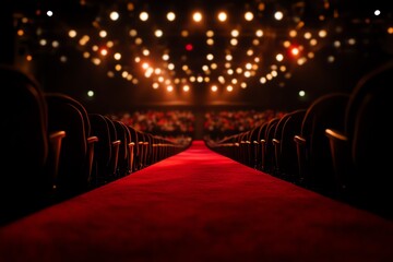 A red carpet leads to an empty theater with rows of seats and twinkling lights overhead.