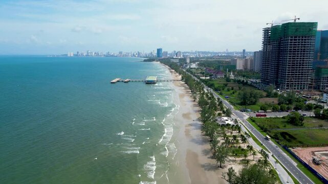 Aerial view of Otres Beach megacity development, tourism development construction