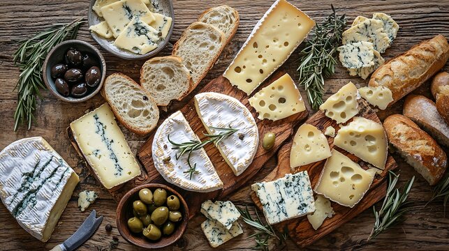 An exquisite arrangement of gourmet cheeses, olives, and fresh bread on a charming wooden surface. - Powered by Adobe