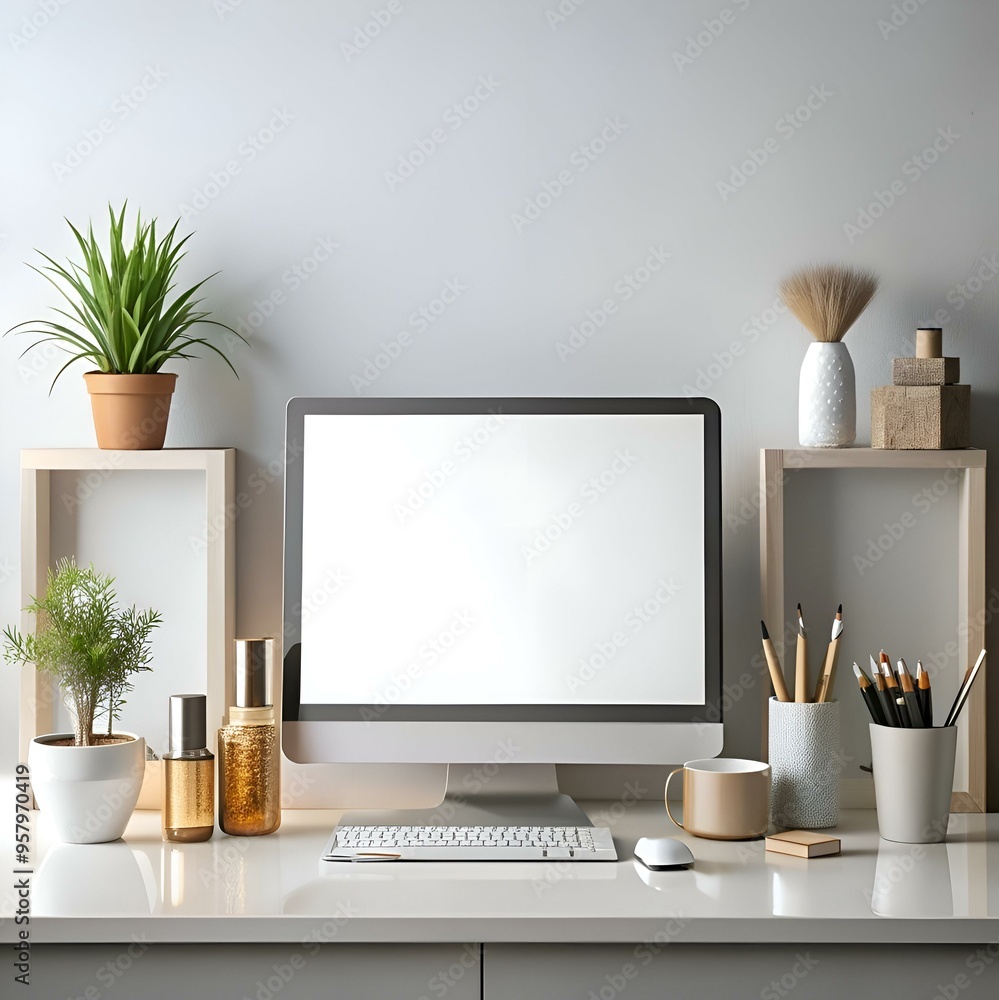 Poster a clean and minimalist workspace featuring a desktop computer. keyboard. mouse. and stylish accessor