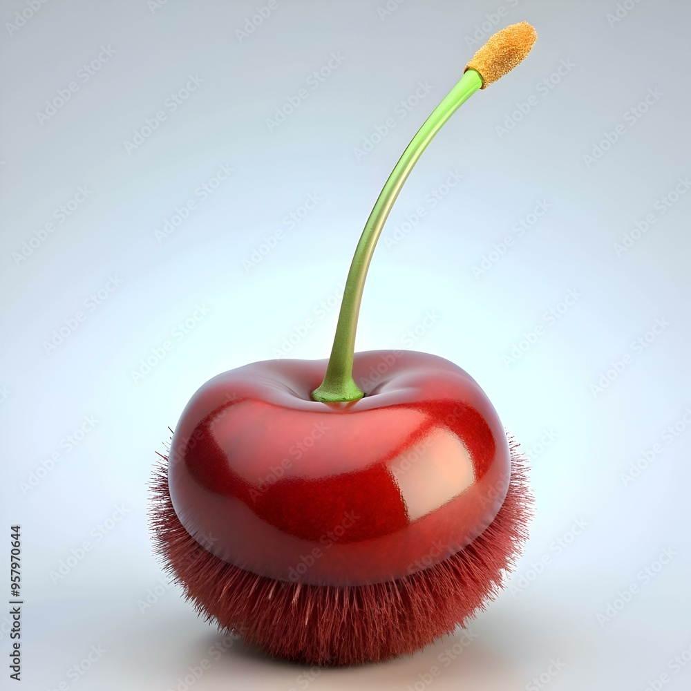 Poster a 3d illustration of a cherry with a unique twist a furry. brush like texture surrounding the bottom
