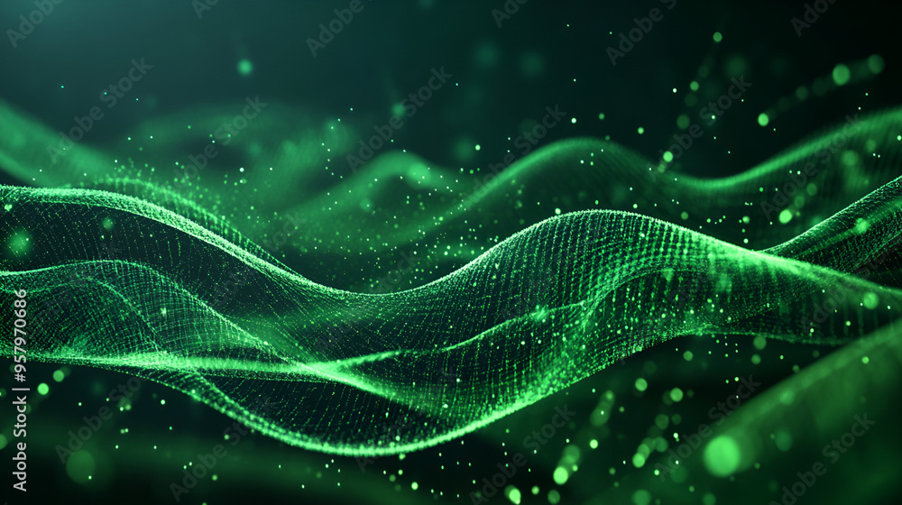 Wall mural Green particles move in a wavelike pattern to create a dynamic and abstract background