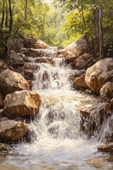 Oil painting depicting a mountain creek flowing over rocks in a picturesque natural setting showcasing the beauty of cascading water