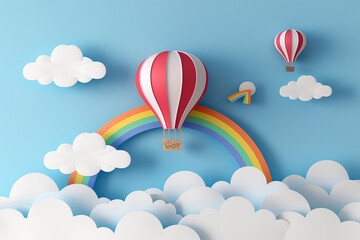 Obraz premium Paper art style of rainbow on blue sky sun, hot air balloon and cloudsfor baby nursery, children design.
