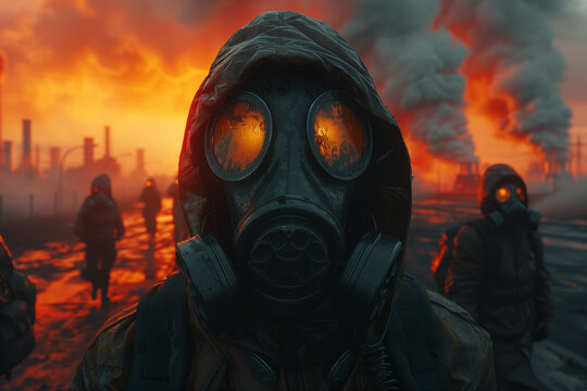 Post apocalyptic survivor in gas mask. Environmental disaster, armageddon concept