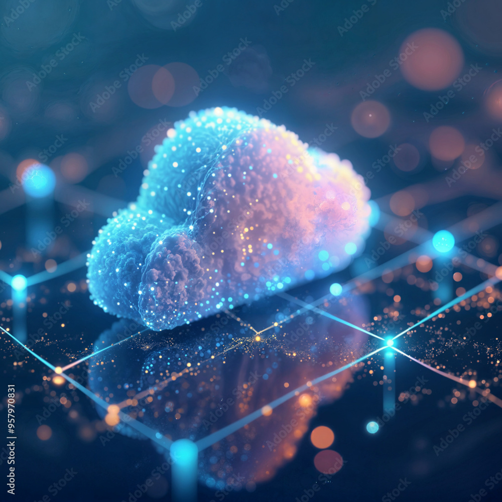 Poster isometric 3d image of cloud and data showcased in a glowing network. generaive ai. generaive ai