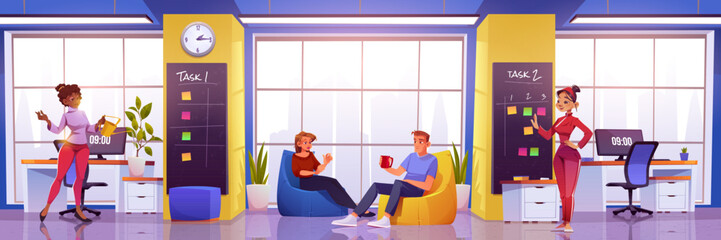 Modern office open work space with people. Cartoon vector man and woman employees in business room with computers on tables and chairs, soft armchairs and plants, windows and sticker boards on wall.