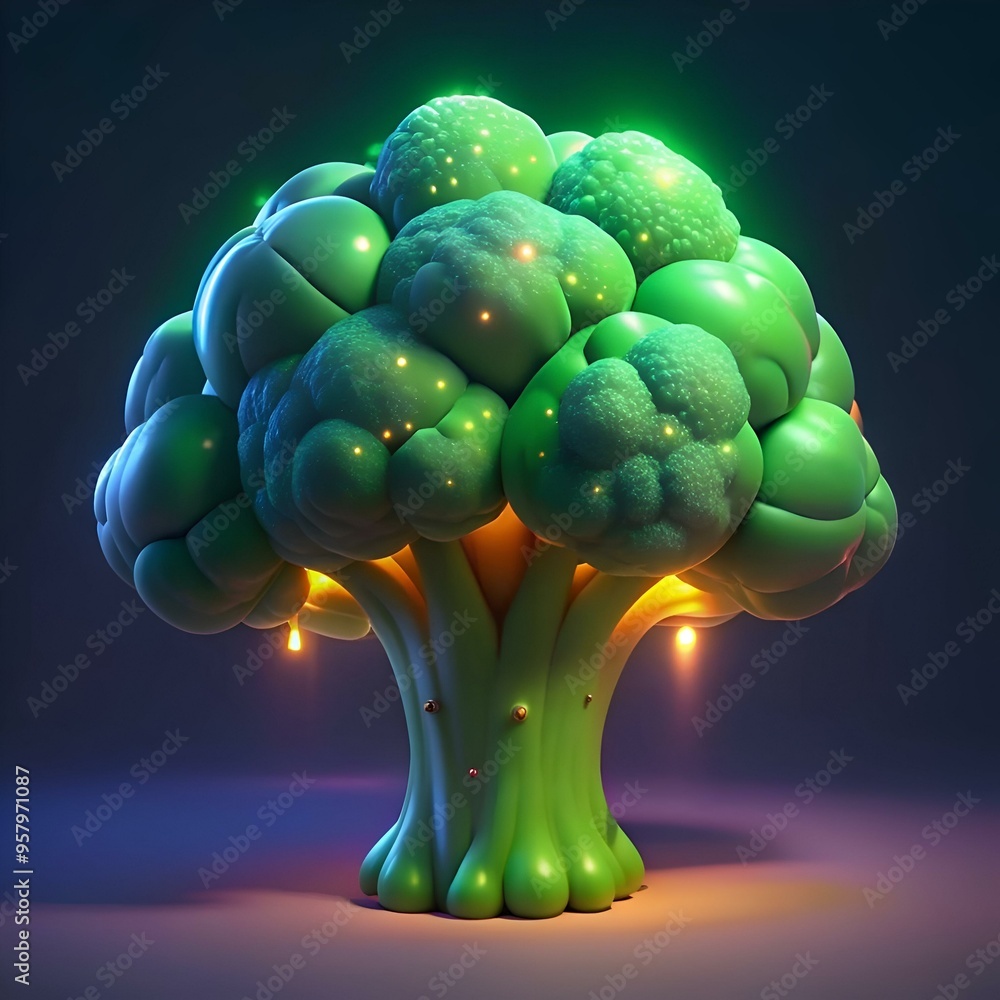 Aufkleber a whimsical 3d rendering of a broccoli tree glowing with soft light.