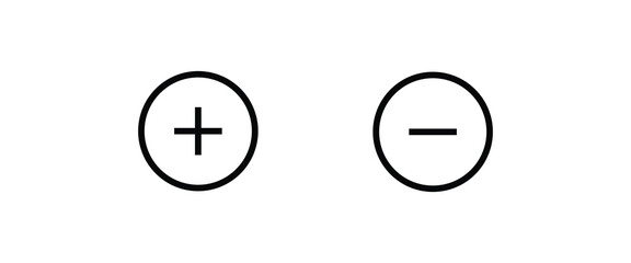 Round plus and minus icons set with different thicknesses line and flat icons set, editable stroke isolated on white, linear vector outline illustration, symbol logo design style