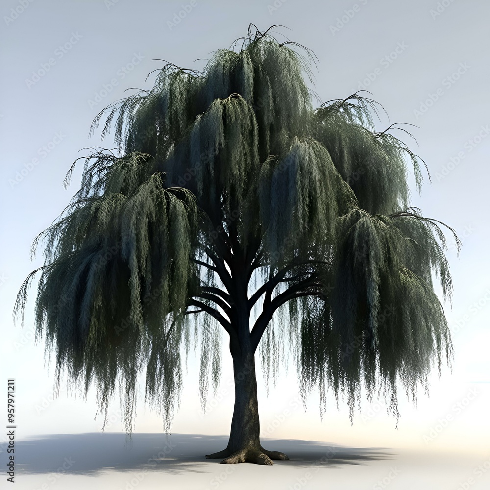 Poster a stunning 3d rendering of a majestic weeping willow tree. showcasing its graceful. drooping branche