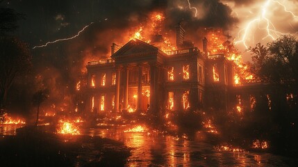 A Large Mansion Engulfed in Flames During a Thunderstorm