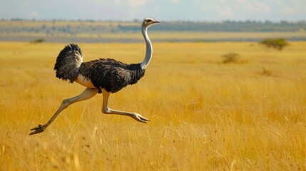 Majestic Ostrich Running Across Vast Savanna Grasslands in Dramatic Scenery
