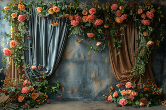 Maternity backdrop, wedding backdrop, photography background with delicate flowers arch and vintage wall.