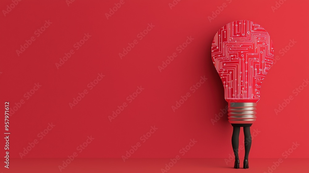 Poster illuminating innovation: lightbulb with digital circuits in quality, copy space for text, selective 