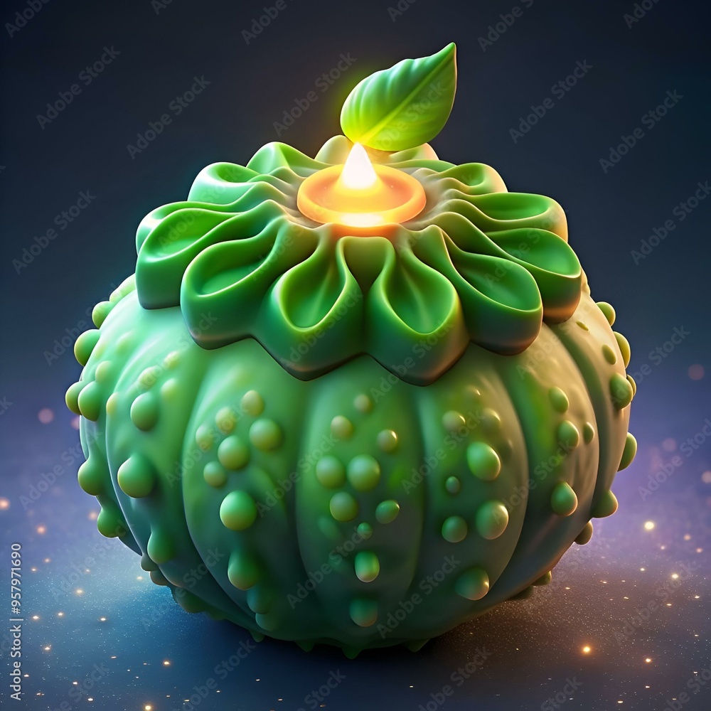 Aufkleber a whimsical 3d rendering of a glowing green candle with a floral design and a leaf. perfect for addi