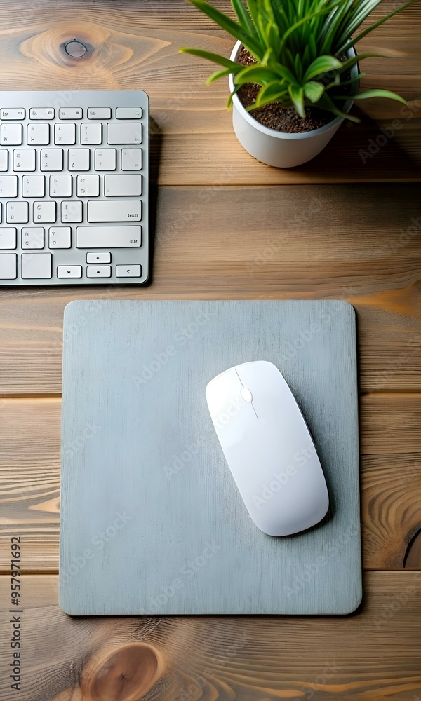 Poster a clean and minimalist workspace with a white wireless mouse on a gray mousepad. positioned next to 