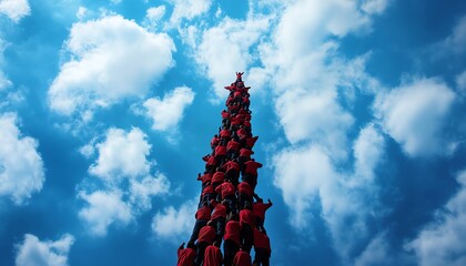 A towering human pyramid reaches towards a bright blue sky with fluffy white clouds.