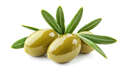 Delicious green olives with leaves, isolated on a white background