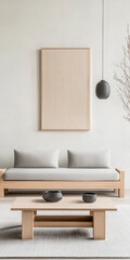 Japandi living room interior composition blending Japanese and Scandinavian minimalism with elegant furniture.
