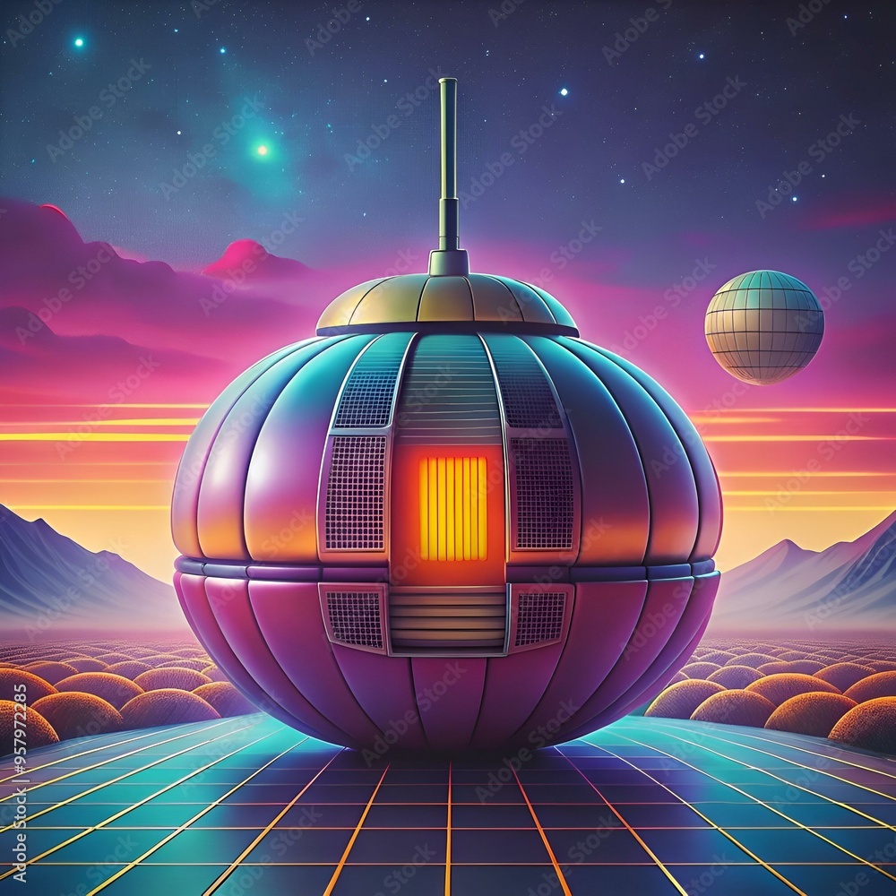 Poster a futuristic. 3d rendering of a dome shaped spaceship hovering over a glowing. retro inspired landsc