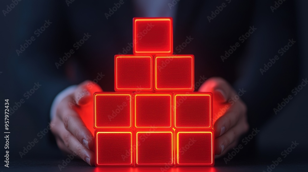 Poster Building Success Together - Business Teamwork Concept with Glowing Stacking Blocks in