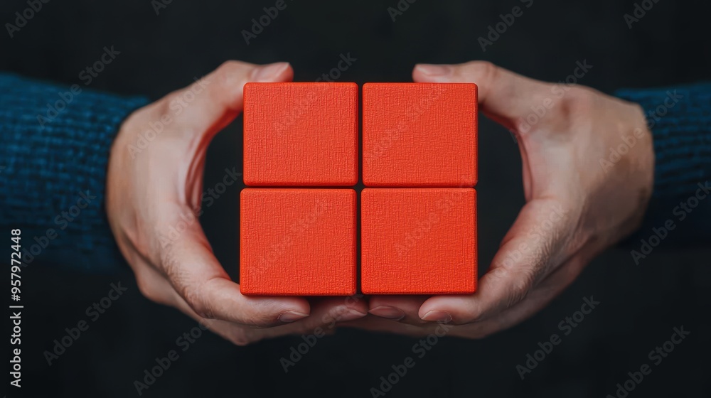 Aufkleber illuminating business teamwork: hands stacking glowing blocks in foreground