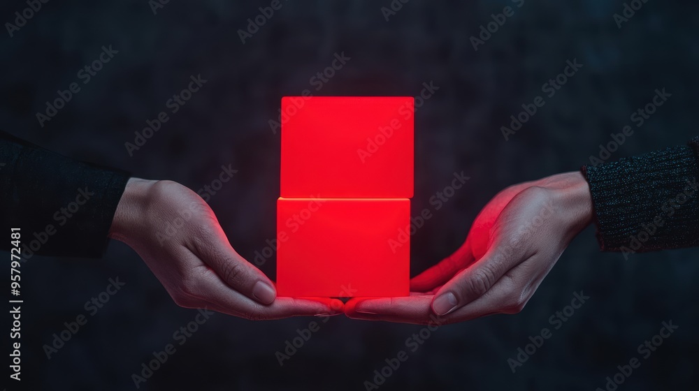 Poster building strong teamwork foundation with glowing blocks - business concept