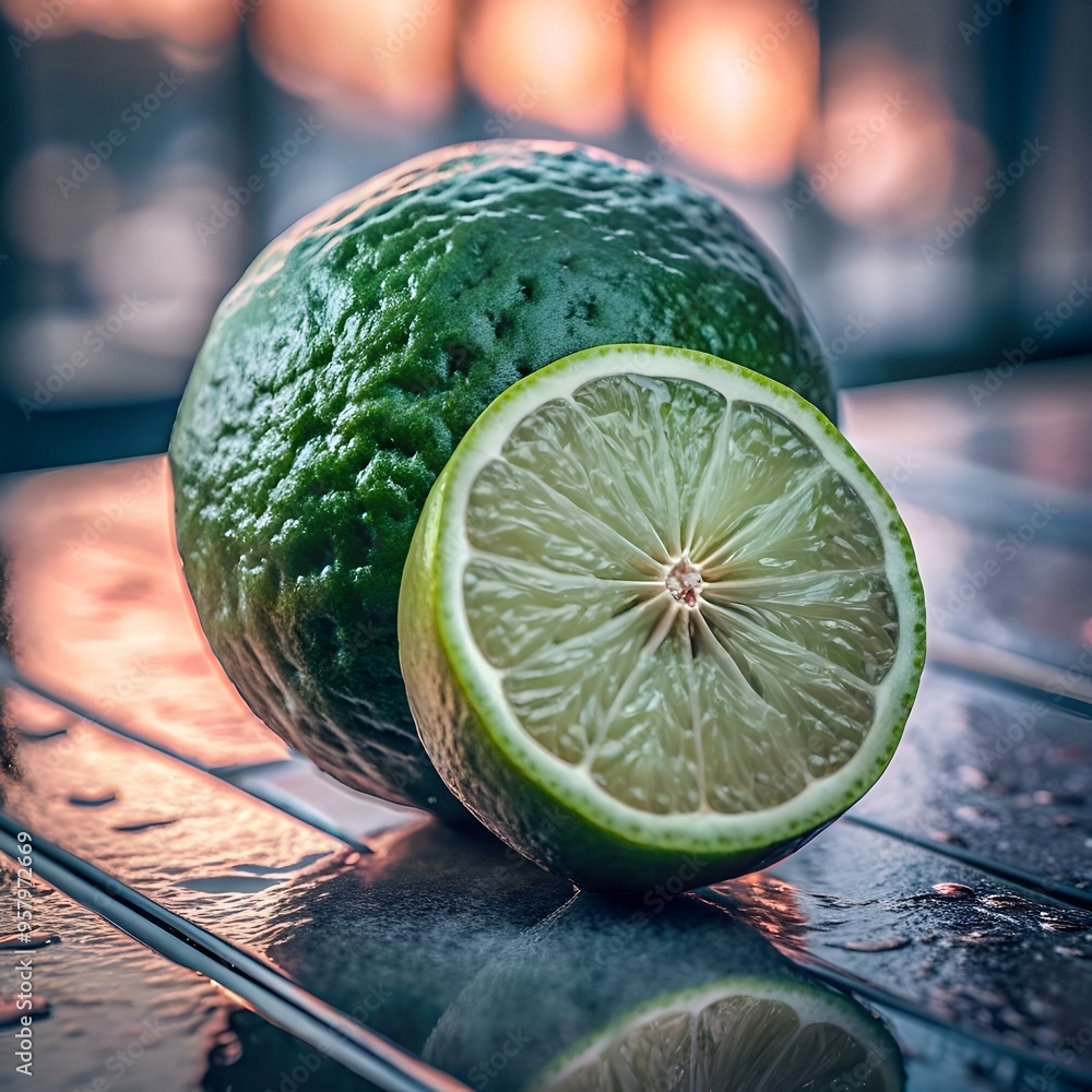 Aufkleber a refreshing 3d illustration of a whole and halved ogeechee lime. capturing its vibrant green color 