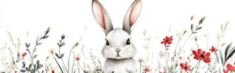 Obraz premium Charming Rabbit Among Blooming Flowers: A Whimsical Watercolor Artwork