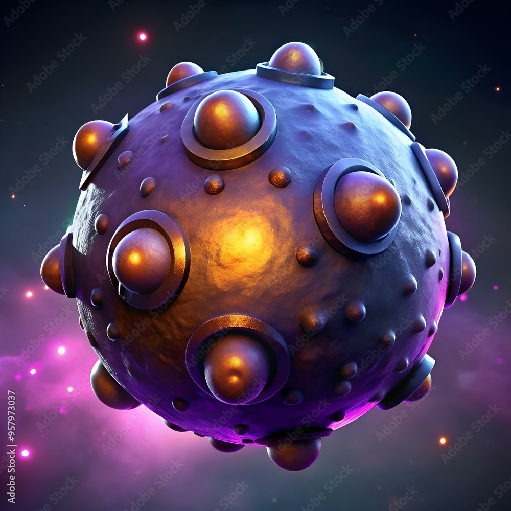 Poster a futuristic. 3d rendered sphere with a textured surface and intricate details. perfect for science 