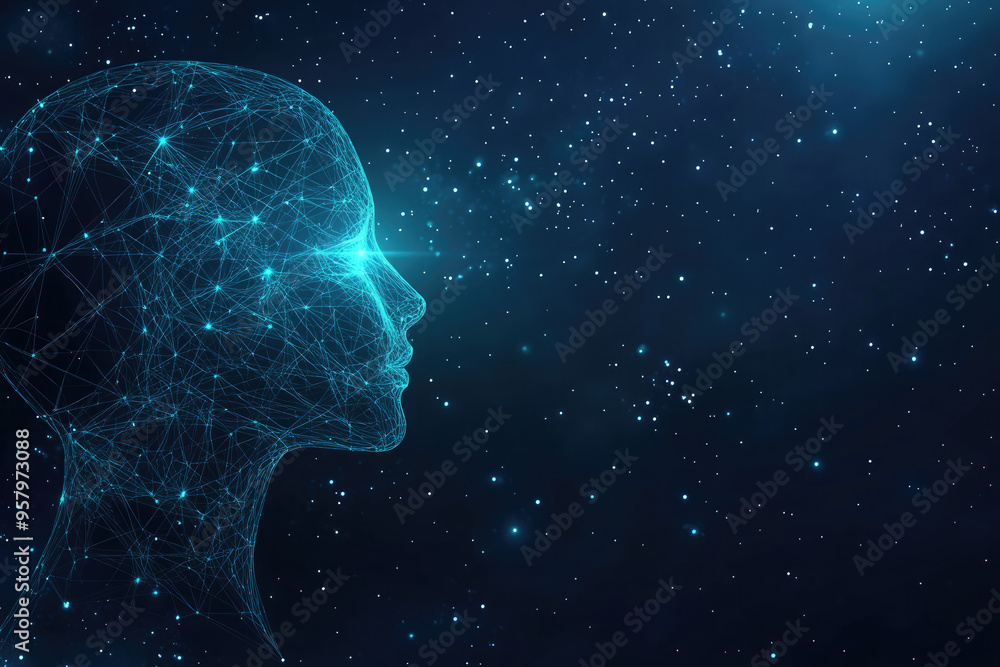 Poster artificial intelligence concept with a human head made of connecting lines and dots representing the