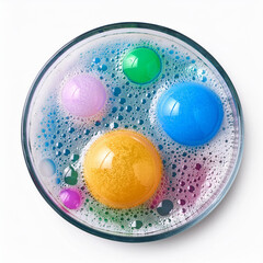 a top view of a cluster of soap foam with an assortment of colorful bubbles, isolated on a white background. Highlight the playful, reflective qualities of the bubbles