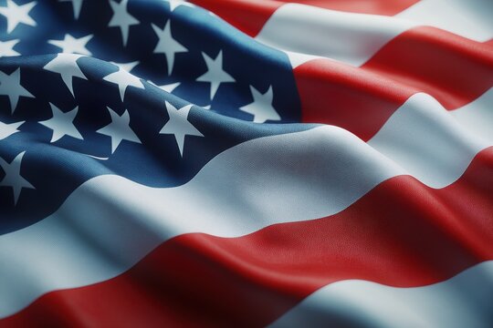 Capture a detailed close-up of an American flag waving, focusing on the fabric's texture