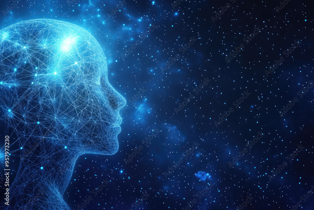 Poster artificial intelligence concept with a human head made of connecting lines and dots representing the